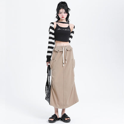 Brown Denim Cargo Pants Skirt Women Early Autumn High Waist Characteristic Pocket Slit Midi Skirt