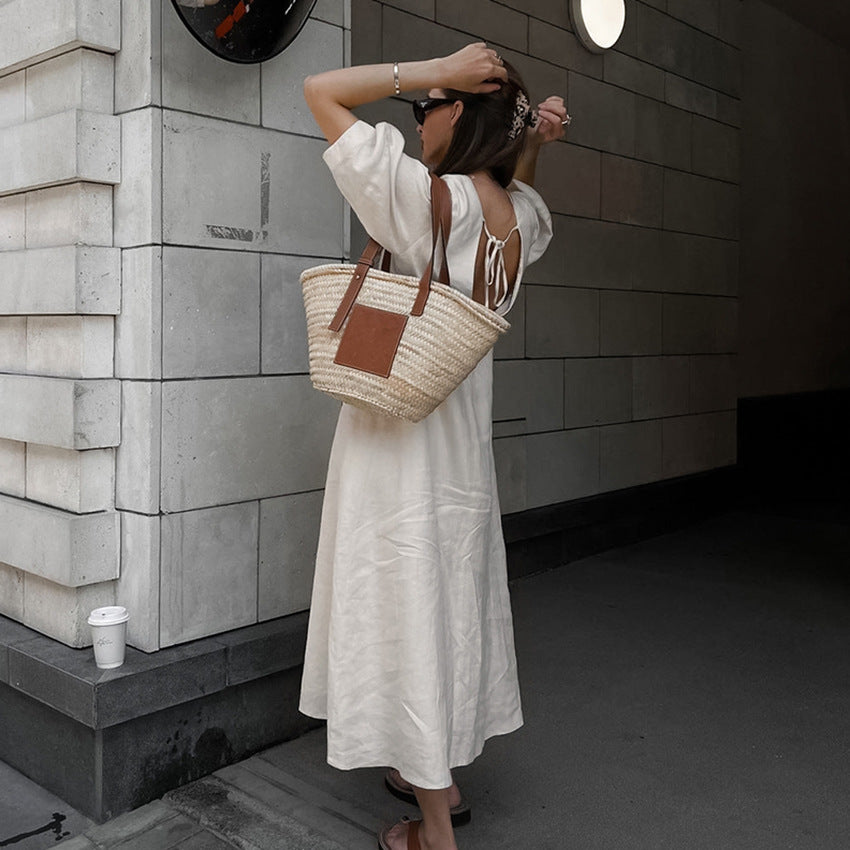 Robe longue française en coton et lin Beige pour femmes, manches bouffantes, dos nu, ample, col en V, été