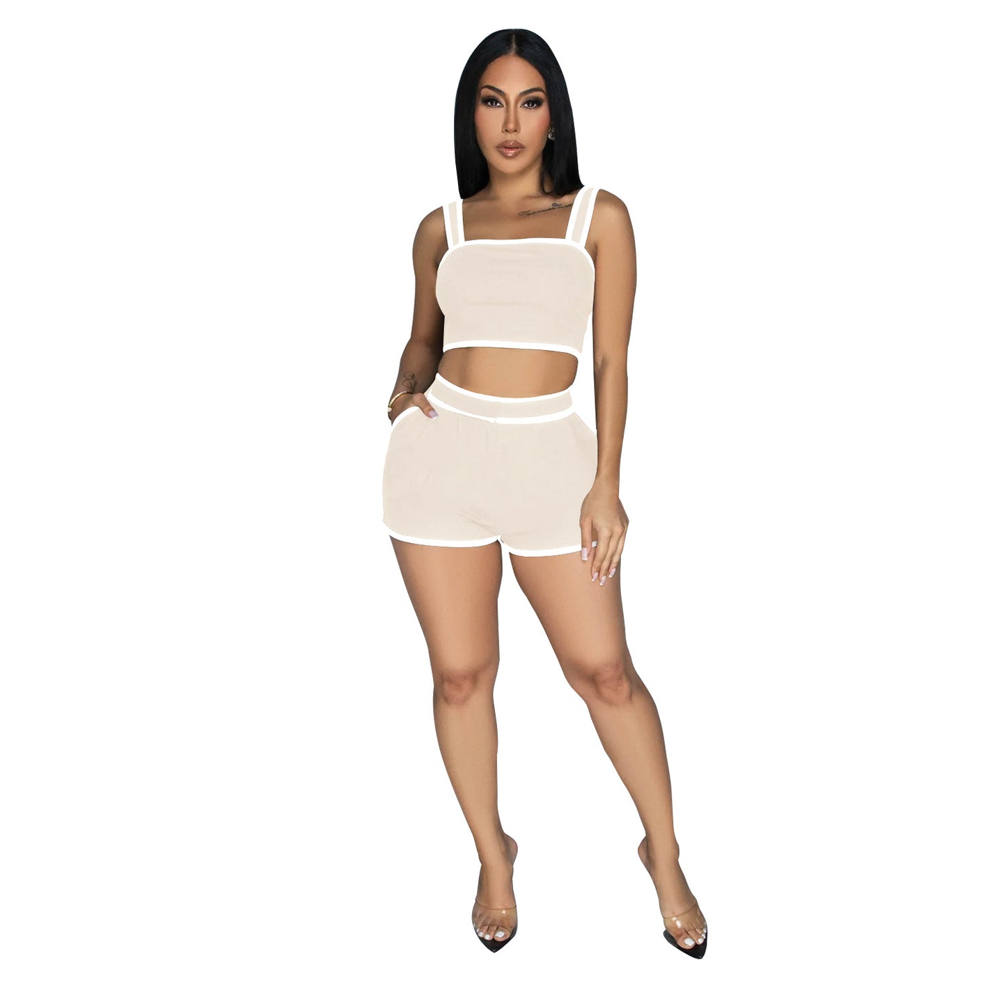 Women Wear Solid Color Suspender Shorts Two Piece Set Women