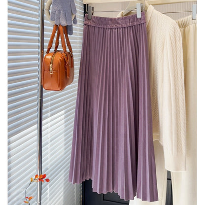 Women Mid Length Skirt Autumn Winter A line Pleated Skirt