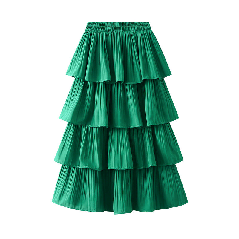 Wooden Ear Stitching Pleated Big Hem Skirt Women's Summer Mid Length Tiered Dress