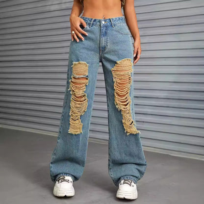 Women Clothing Casual All Match Ripped Wide Legged Denim Trousers