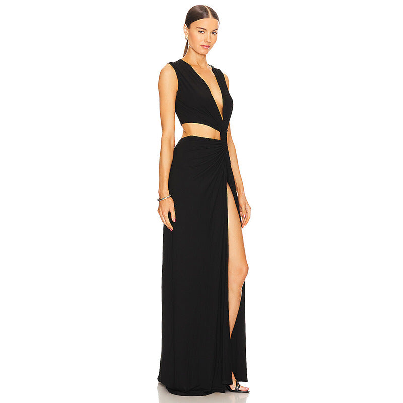 Women Summer Solid Color Sexy Deep V Plunge Hollow Out Cutout Out Slit Slim Fitting Maxi Dress