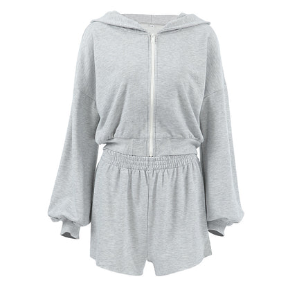 Ensemble deux pièces pour femme, short ample à capuche, manches longues, taille haute, décontracté, sport, gris