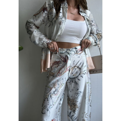 Traje de mujer Primavera Verano Posicionamiento Impreso Top de manga larga Pantalones de pierna ancha Conjunto de dos piezas