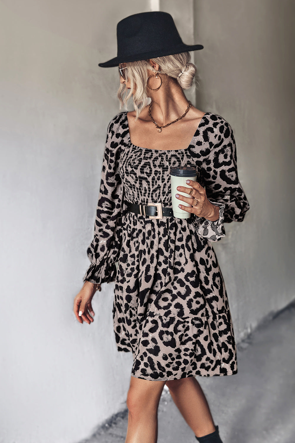 Autumn Women Clothing Classic Smocking Leopard Print Long Sleeve Dress No Belted