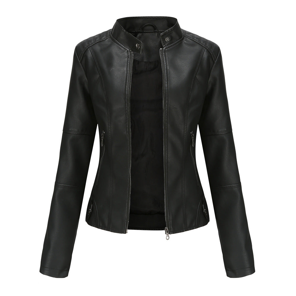 Chaqueta de cuero para mujer, chaqueta fina para mujer, abrigo fino para primavera y otoño, ropa de moto para mujer, chaqueta de cuero con cuello alto