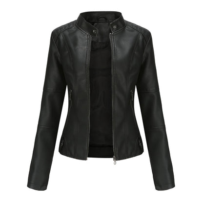 Chaqueta de cuero para mujer, chaqueta fina para mujer, abrigo fino para primavera y otoño, ropa de moto para mujer, chaqueta de cuero con cuello alto