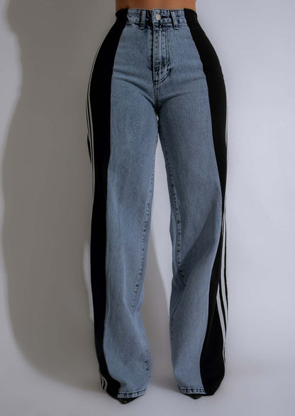 Pantalon en Denim à trois rayures pour femmes, couture d'été, jambes larges, décontracté, taille haute, extensible, jambes droites