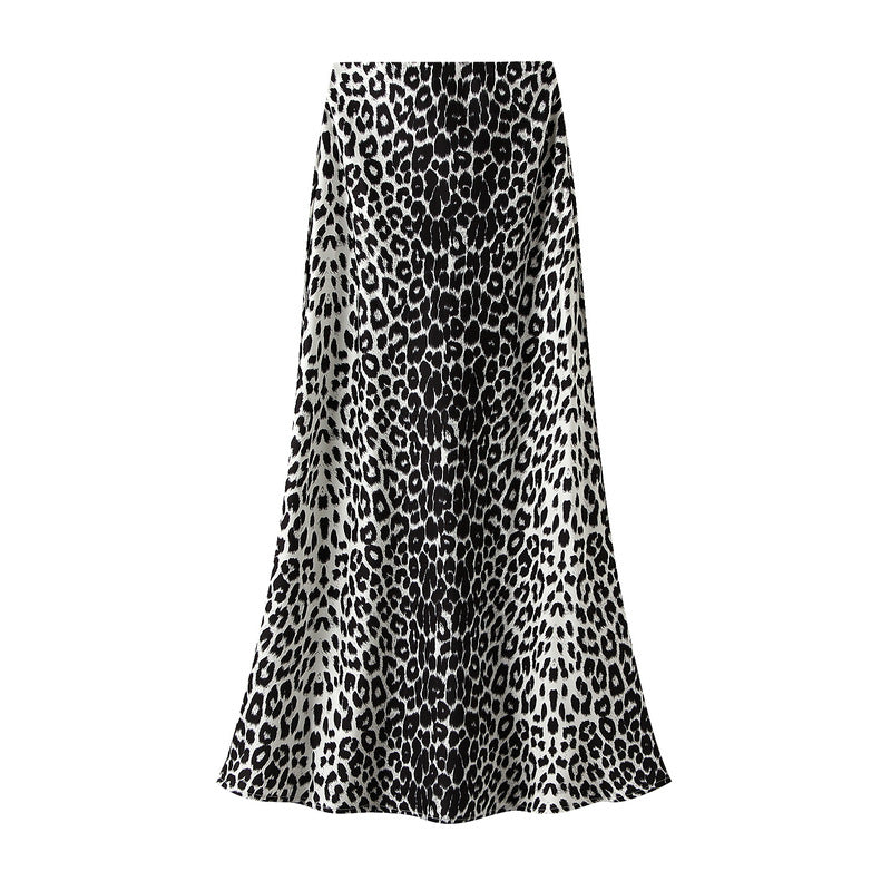 Falda de cola de pez para mujer, ropa de otoño, cintura alta, adelgazante, longitud media, falda envolvente de cadera, vestido con estampado de leopardo