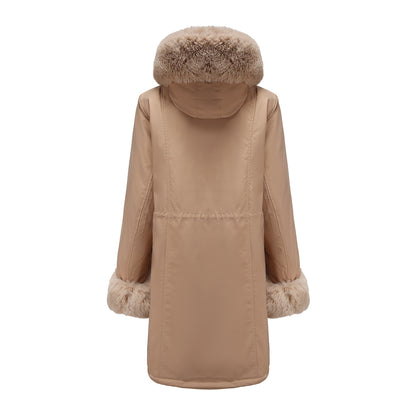 Abrigo de algodón de invierno para mujer, cuello de piel desmontable, largo medio, manga larga, parka, color sólido, con capucha, chaqueta acolchada de algodón cálida