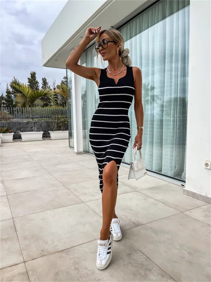 Summer Sexy Striped Knitted Skinny Hip Sleeveless Split Office Nightclub Mid Length Dress