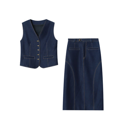 Ensemble jupe gilet en jean à coutures tendance en denim pour début d'automne