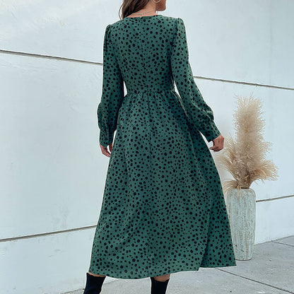 Women Wear Green Long Sleeve Leopard Print Maxi Dress