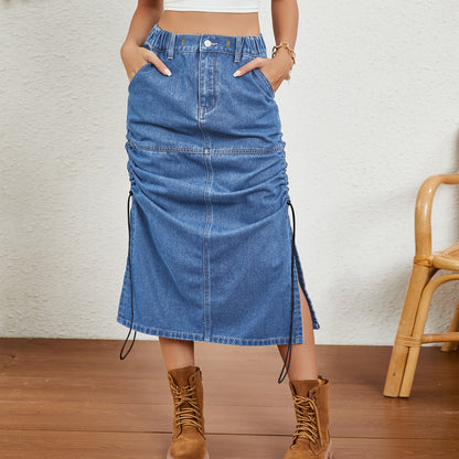 Trade Women Clothing Summer Washed Elastic Waist Drawstring Denim Midi Dress