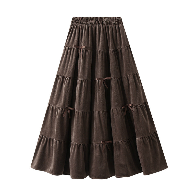 Bow Velvet Skirt Women Autumn Winter High Waist Cover Slim A line Large Hem Umbrella Skirt