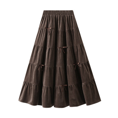 Bow Velvet Skirt Women Autumn Winter High Waist Cover Slim A line Large Hem Umbrella Skirt