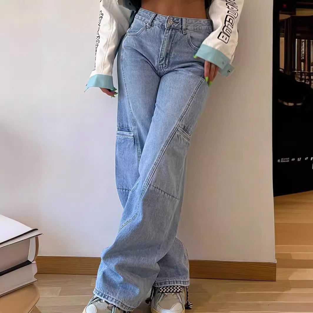 Workwear Jeans Spring Summer Light Blue Pocket High Waist Loose Wide Legs Trousers Jeans