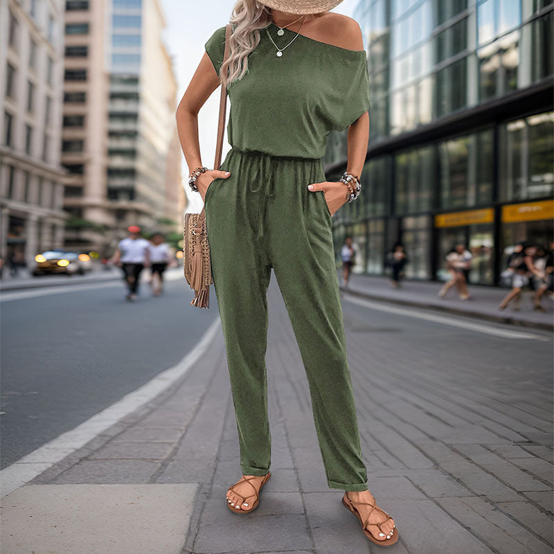 Mono de verano para mujer, con hombros descubiertos y pantalones de color liso