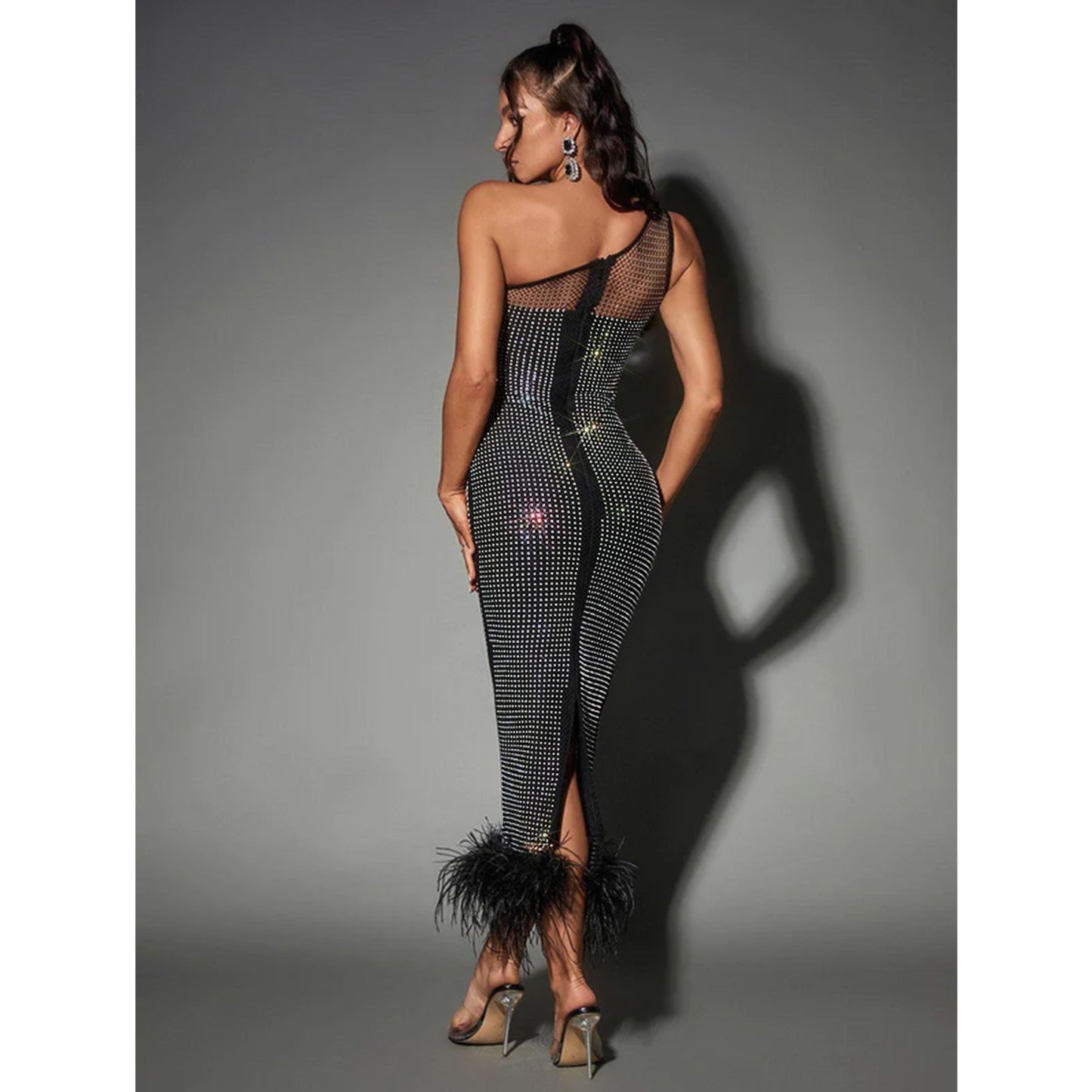 Women Wear Single Shoulder Mesh Rhinestone Feather Bandage One Piece Dress