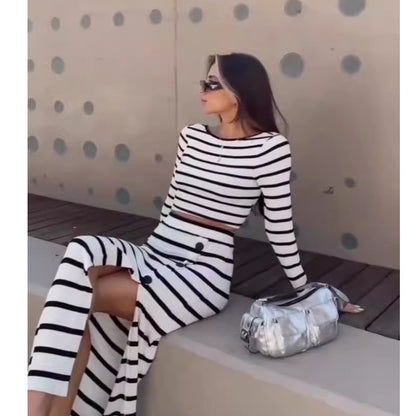 Autumn Classic Black White Stripes Long Sleeve Short Top Button Skirt Set