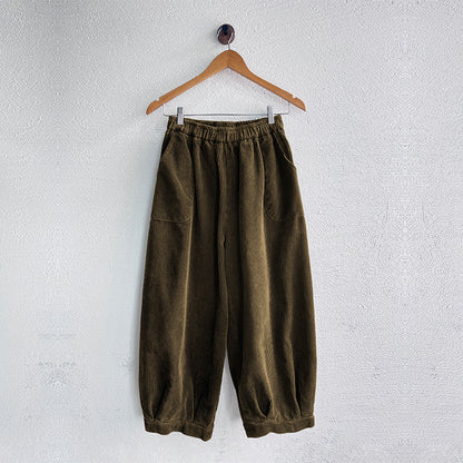 Autumn Winter Corduroy Bloomers Casual Elastic Waist Ankle Tied Loose Warm Can Be Worn outside Home Pants