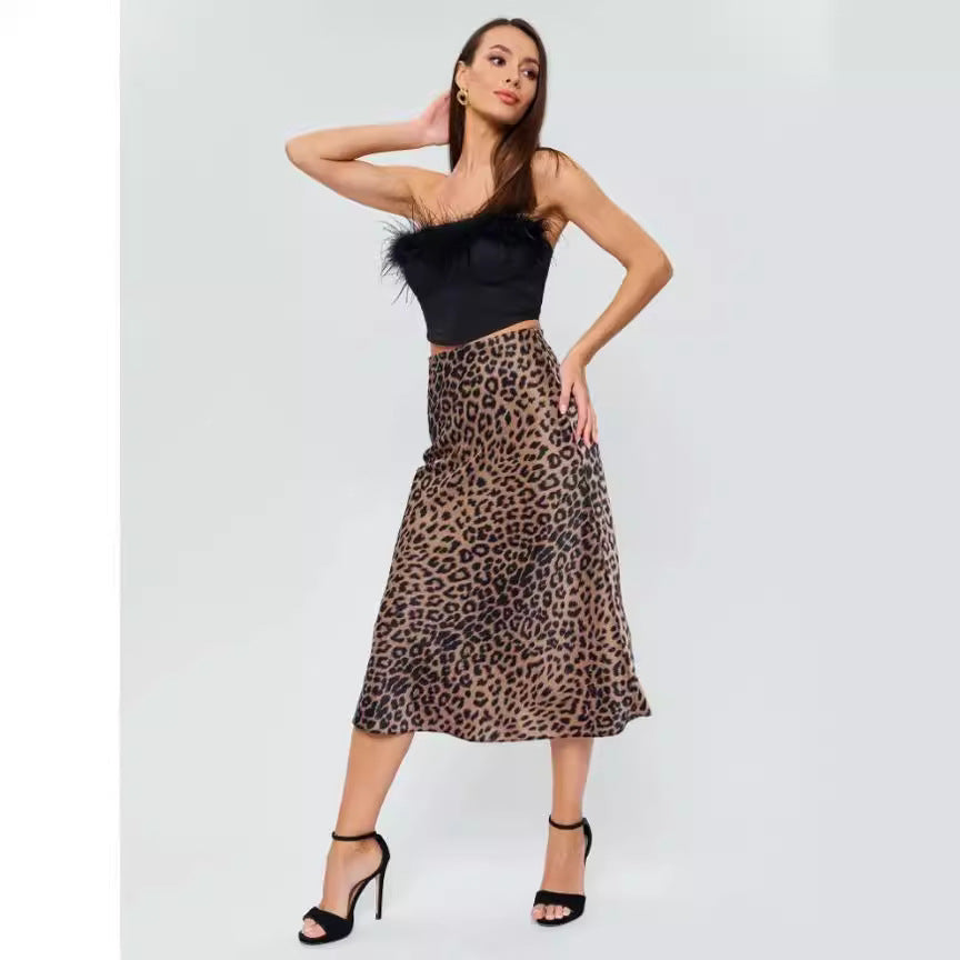 Falda de satén para mujer, de verano, de cintura alta, con cremallera, estilo hipster, con estampado de leopardo