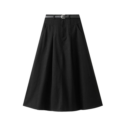 Robe longue kaki rétro de haute qualité pour l'automne avec ceinture pour femme Jupe parapluie au-dessus du genou