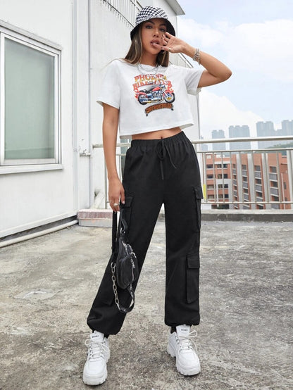 Pantalon Hip Hop pour femmes, pantalon tendance, salopette de rue multi-poches, ample, jambe droite, à bandes à la cheville