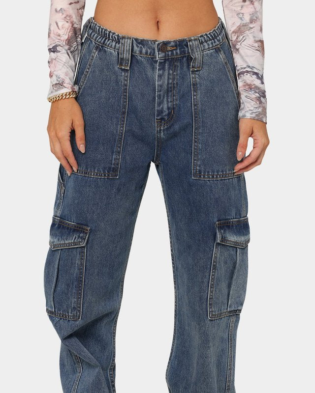 Jean Cargo pour femme, jean à jambes larges multi-poches, automne-hiver