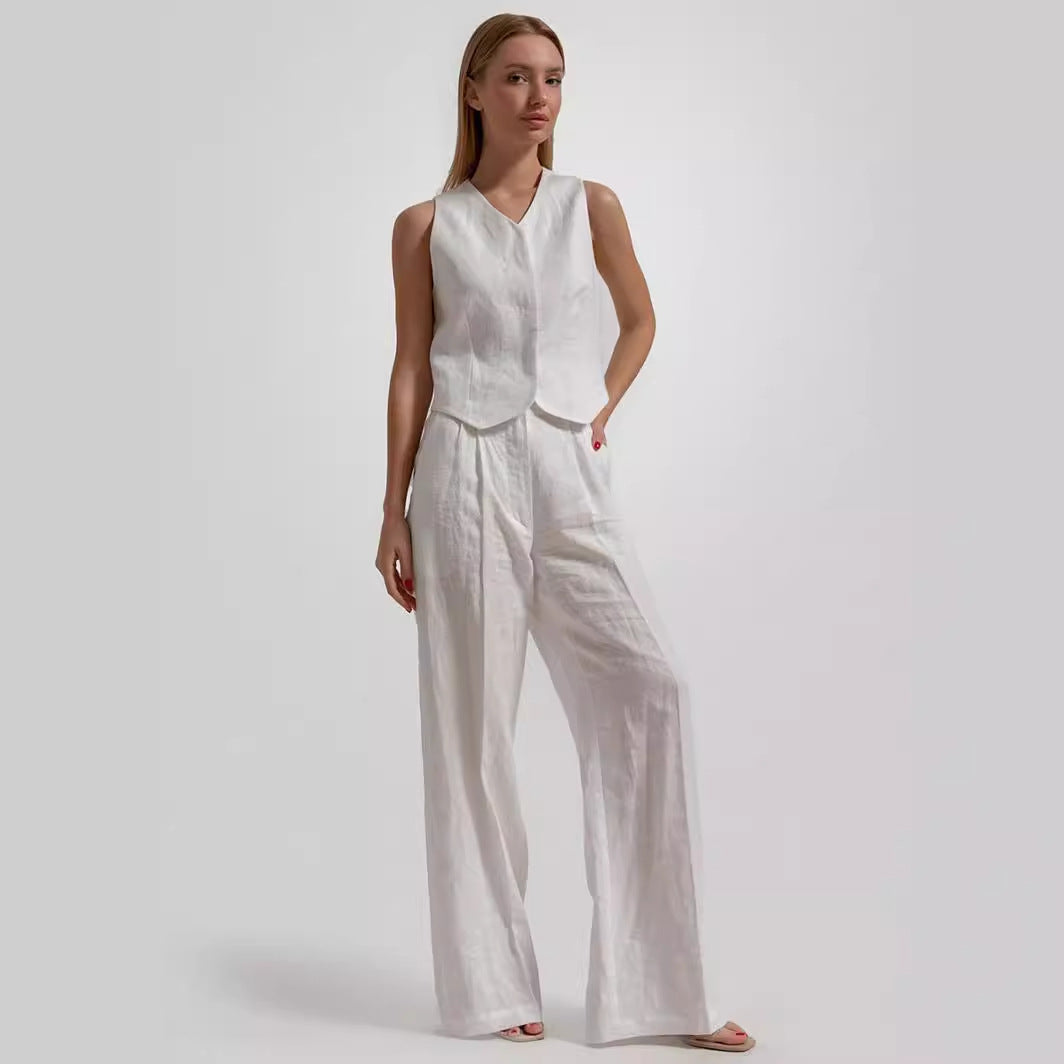 Chaleco Pantalones Traje Verano Casual Blanco Puro Cuello En V Sin Mangas Chaleco Chaleco Pantalones Traje