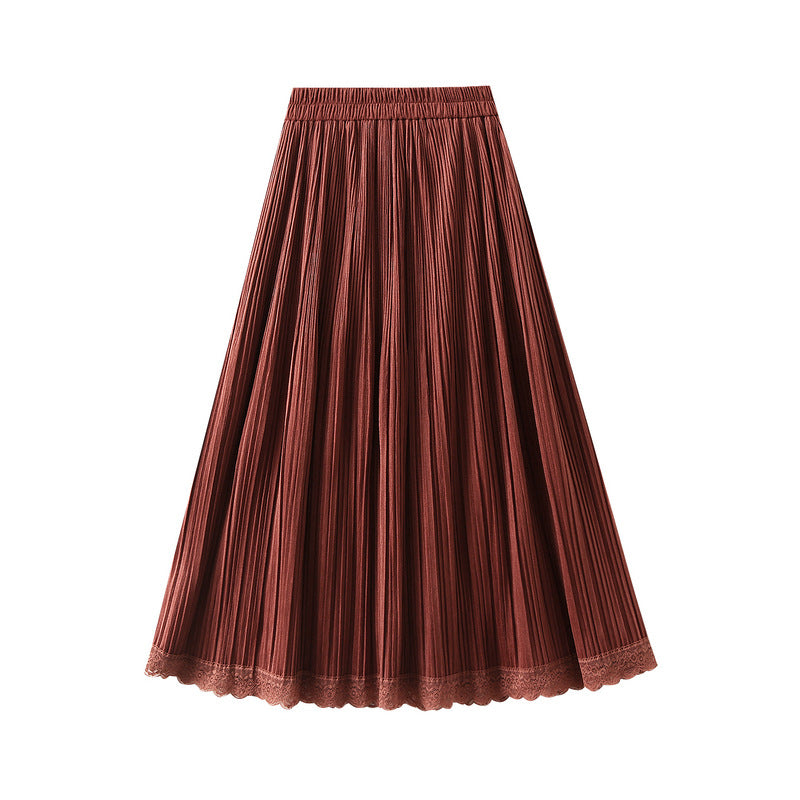 Autumn Winter Korean Loose High Waist Elastic Band Stitching Lace Slimming Velvet Skirt