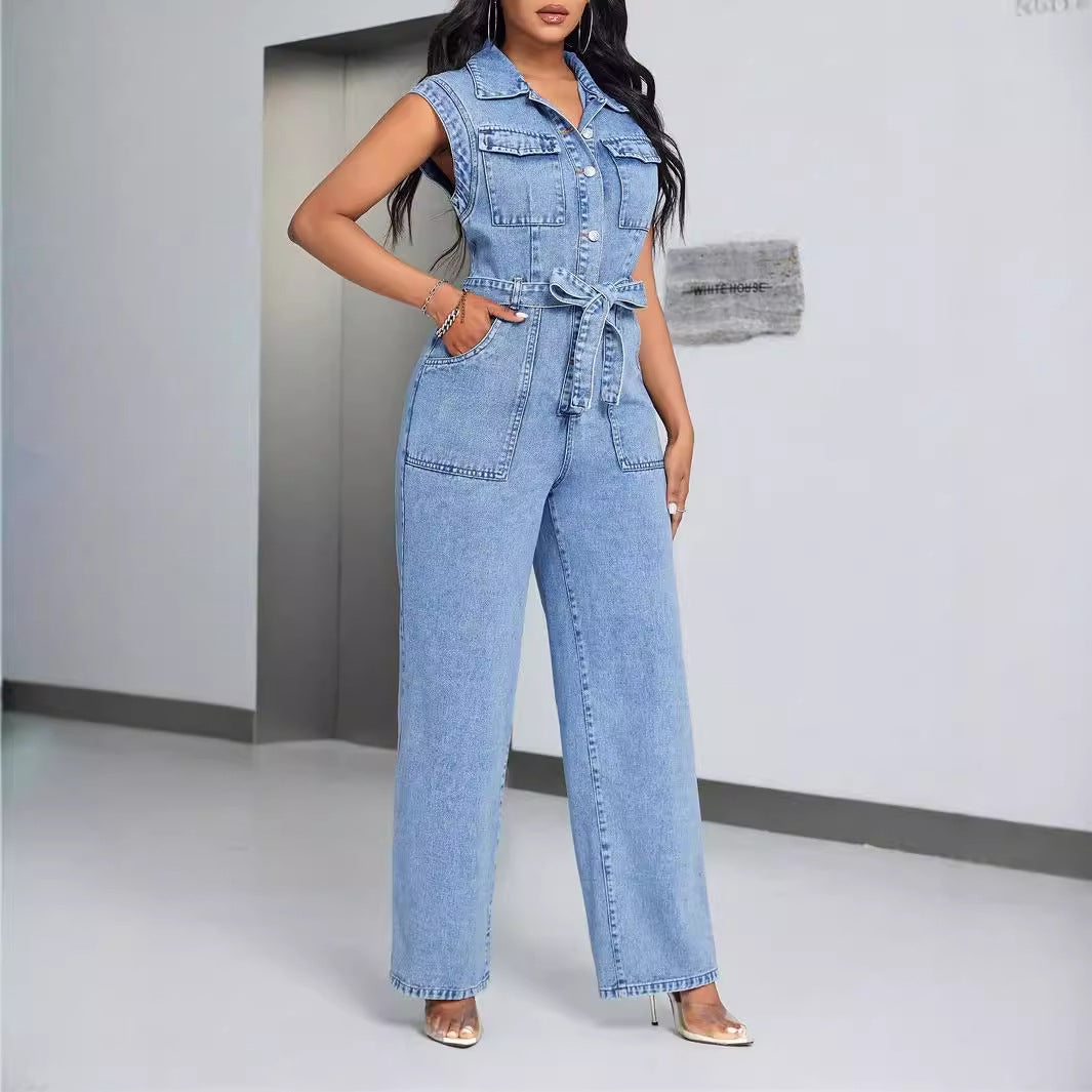 Denim Women Wear Sleeveless Casual Jumpsuit Trousers Jeans