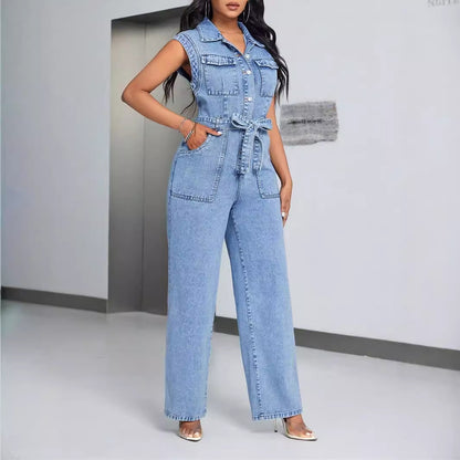 Denim Women Wear Sleeveless Casual Jumpsuit Trousers Jeans