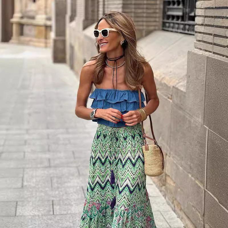 Big Hem Skirt Summer Printed Embellished Large Swing Casual Skirt