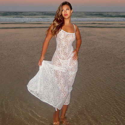 Women Clothing Spring Summer Lace Transparent Sexy Sling Dress Women Dress High-Grade Beach Party Sexy