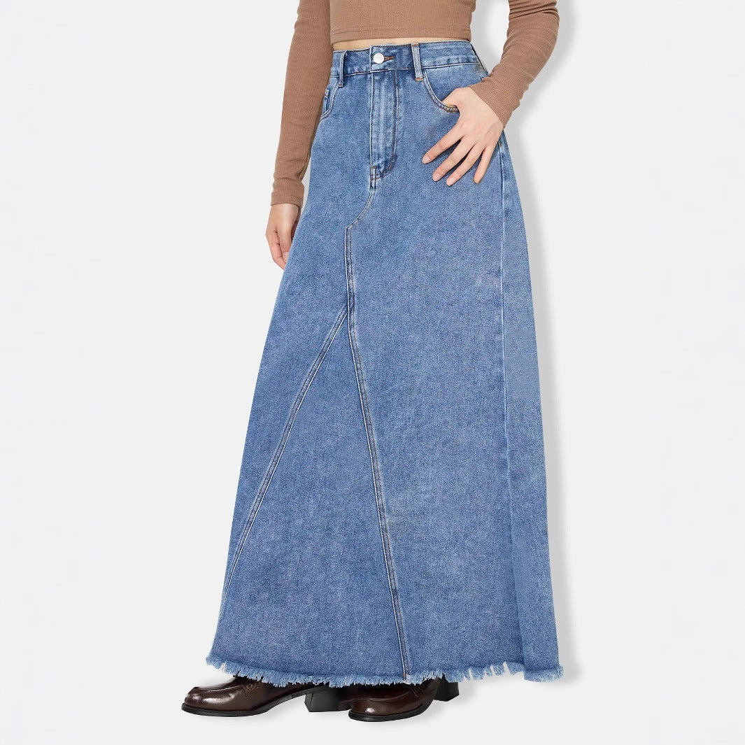 Jupe longue décontractée taille haute en denim rétro pour femme