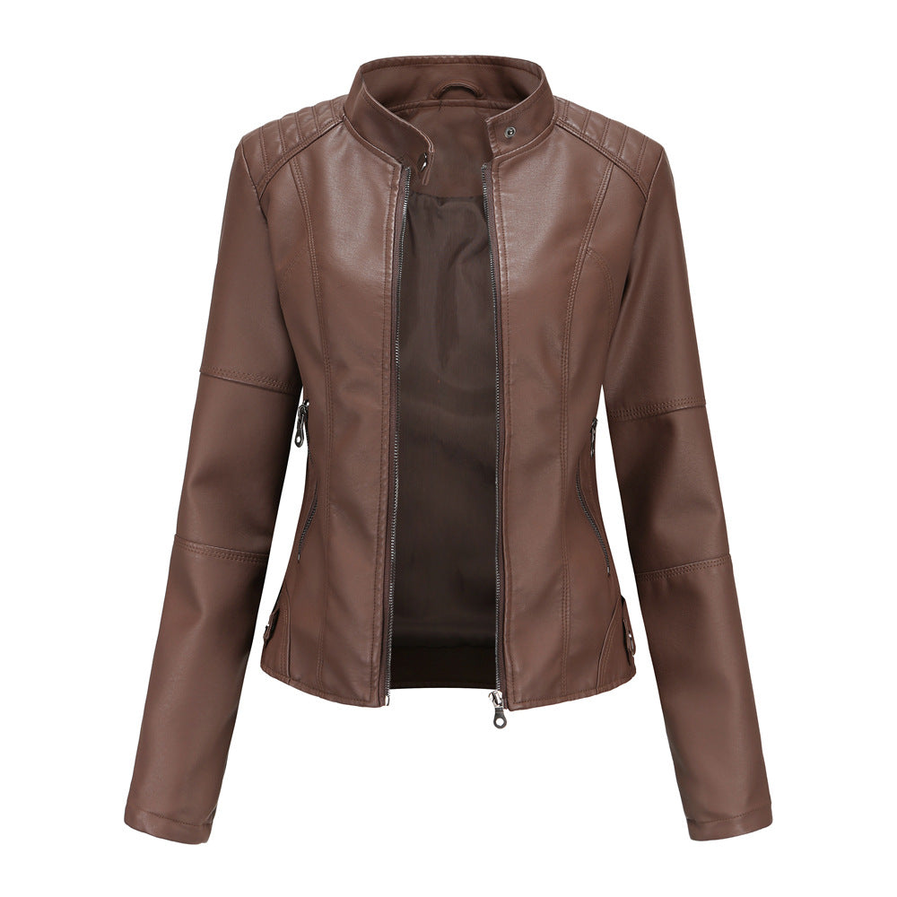 Chaqueta de cuero para mujer, chaqueta fina para mujer, abrigo fino para primavera y otoño, ropa de moto para mujer, chaqueta de cuero con cuello alto