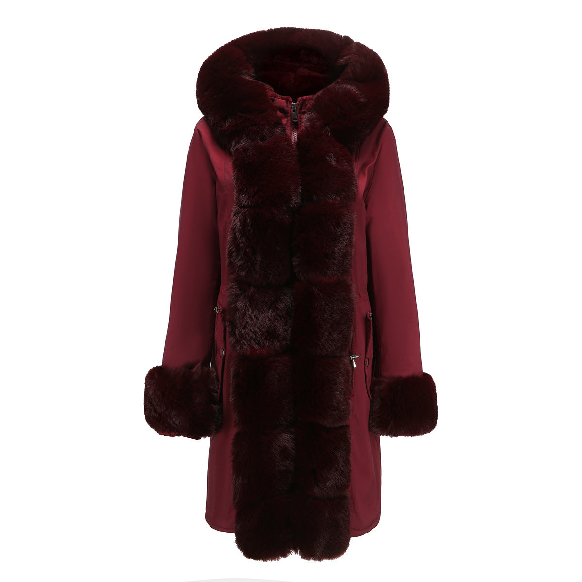 Abrigo de algodón de invierno para mujer, cuello de piel desmontable, largo medio, manga larga, parka, color sólido, con capucha, chaqueta acolchada de algodón cálida