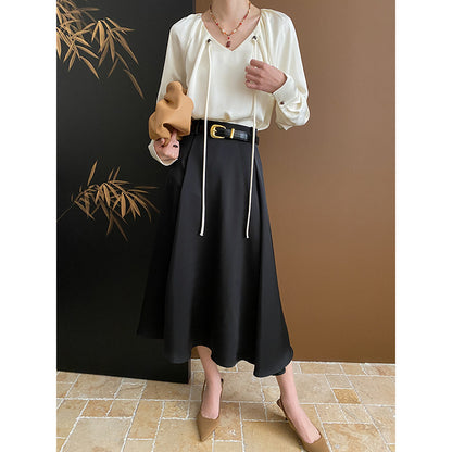 Belt French High Waist Front Piece Stand Cut A line Skirt Early Spring