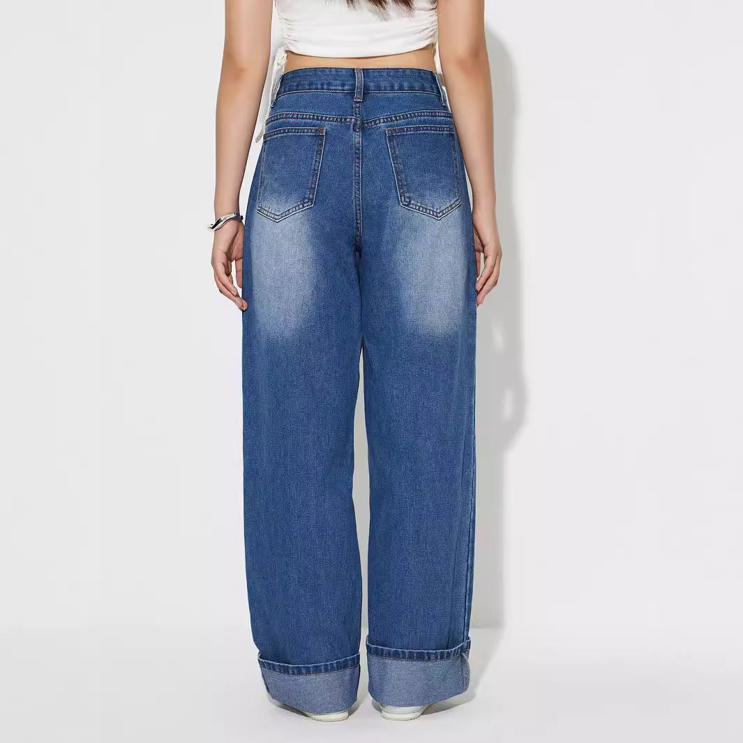 Women Wear Retro Casual High Waist Straight Jeans Trousers