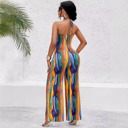 Women Clothing Summer Halter Sleeveless Sexy Wide Leg Printing Romper Casual