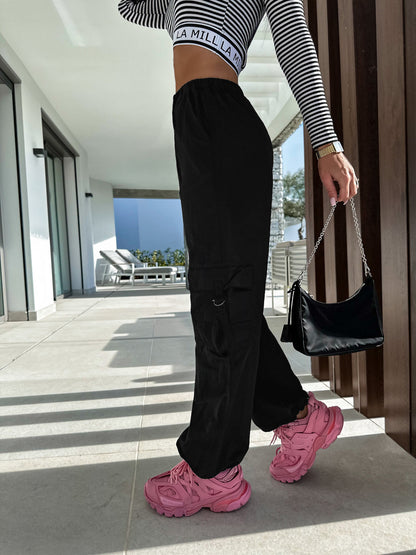 Women Pants Street Overalls Multi Pocket Lace up Trousers Metal Buckle Loose Straight Leg Ankle Banded Pants Trousers