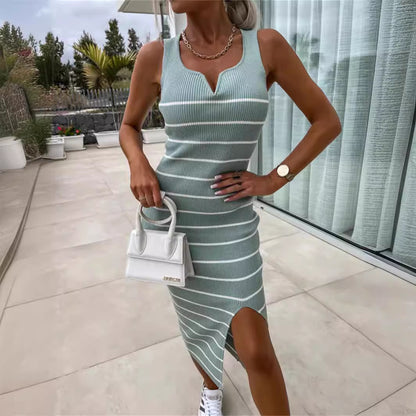 Summer Sexy Striped Knitted Skinny Hip Sleeveless Split Office Nightclub Mid Length Dress