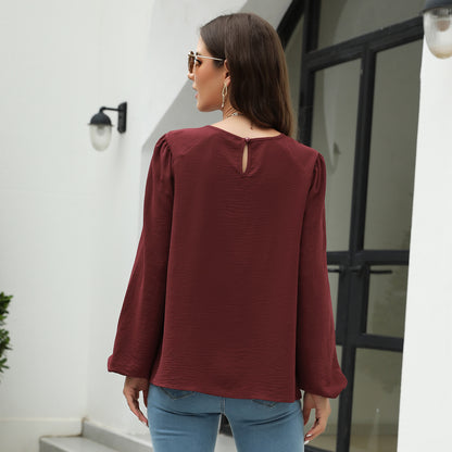 Autumn Solid Color Pullover Lantern Sleeve Chiffon Shirt Top