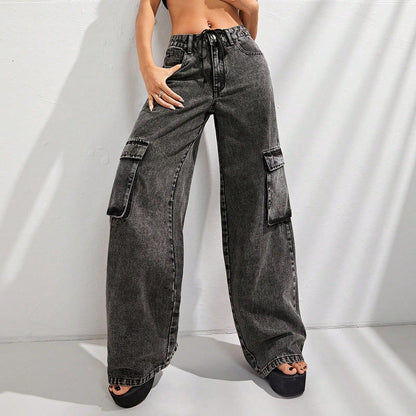 Women Clothing High Waist Large Pocket Slimming Loose Cargo Denim Trousers