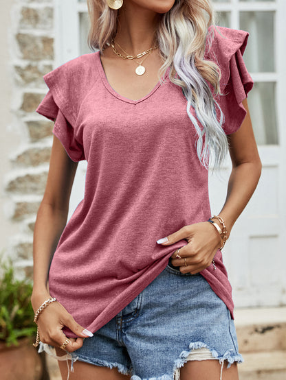 Ropa de mujer Top cuello en V doble capa con volantes manga corta camiseta de mujer