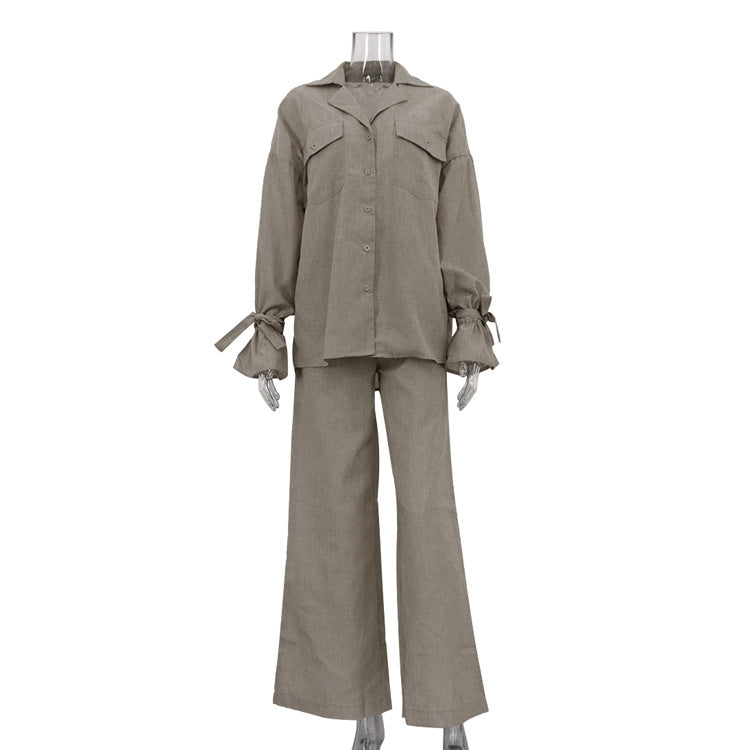 Women Autumn Winter Bell Sleeve Collared Shirt Wide Leg Pants Casual Loose Two Piece Sets