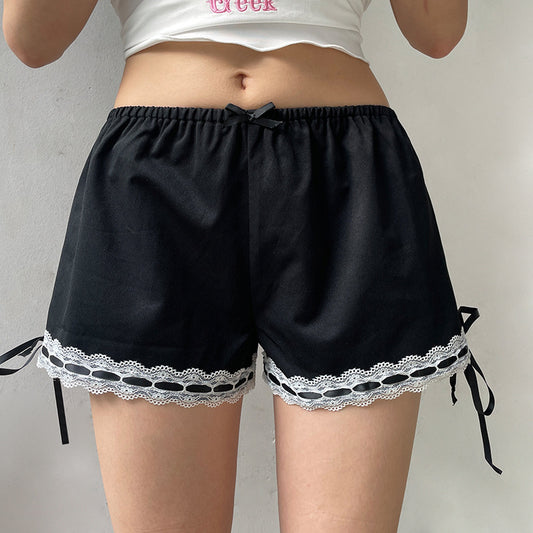 Doux Cool Sexy dentelle nœud couture basique tout assorti décontracté noir décontracté taille basse Shorts été