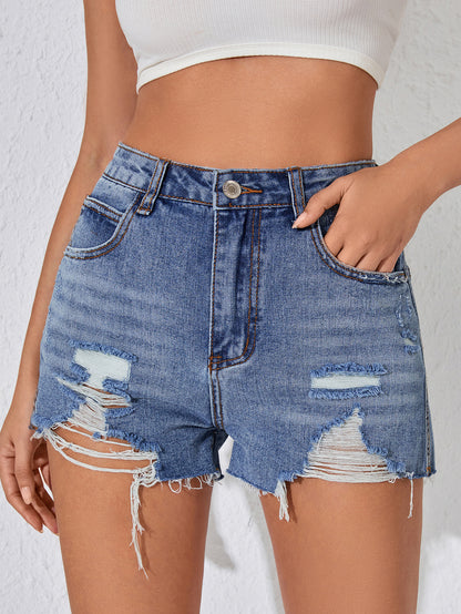 Taille haute minceur Denim Shorts femmes été coupe ajustée pantalon ajusté déchiré Denim